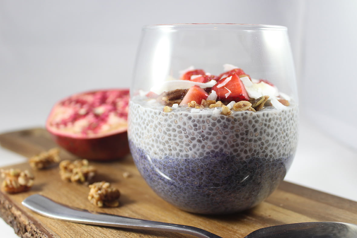 Two-layer wild blueberry chia seed pudding, made with Arctic Flavors 100% natural wild blueberry powder
