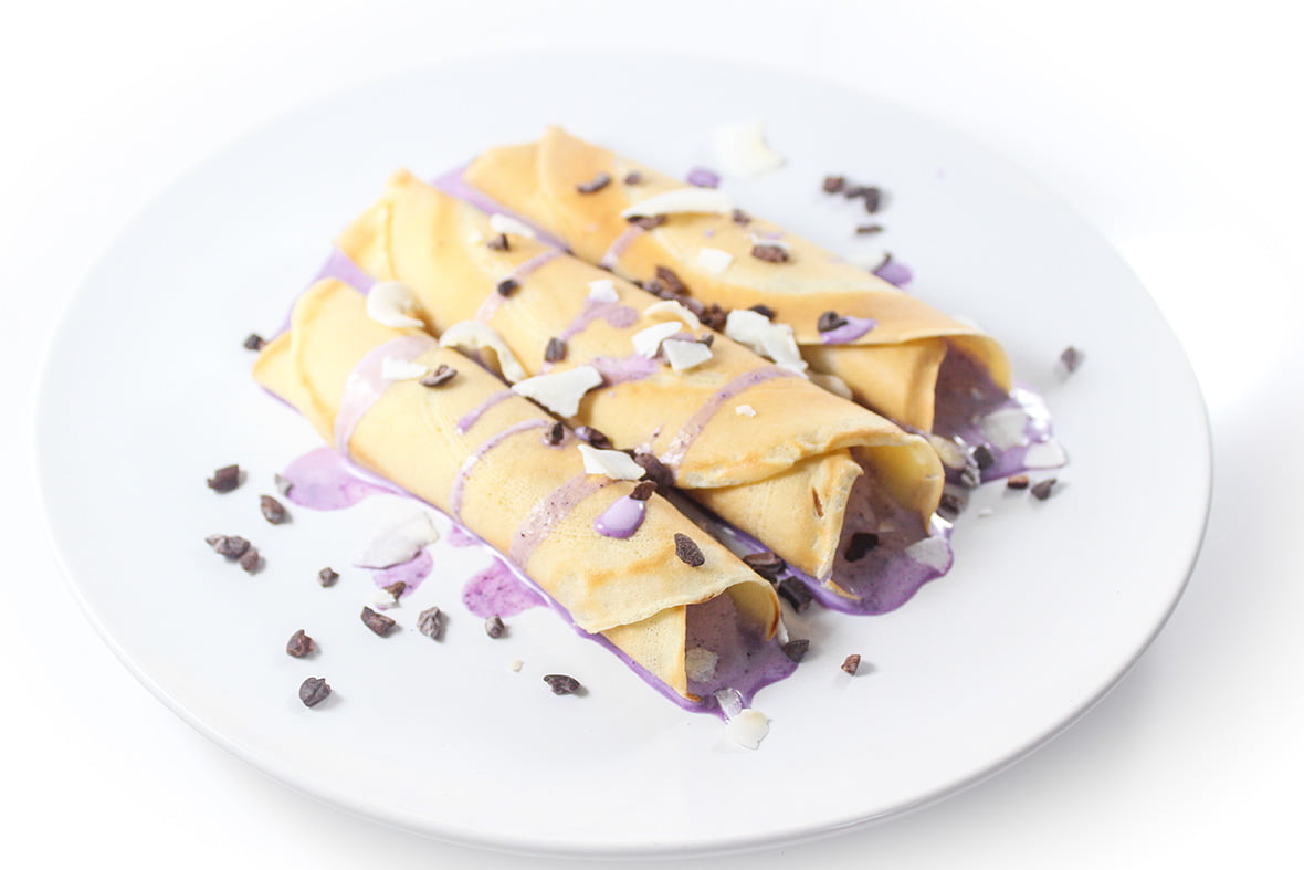 Crepes with wild blueberry ice cream filling, made with Arctic Flavors 100% natural wild blueberry powder