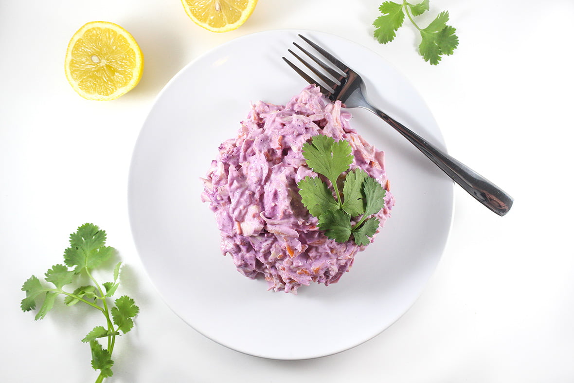 Arctic blueberry coleslaw, made with Arctic Flavors 100% natural wild blueberry powder. Healthy, delicious and beautiful!