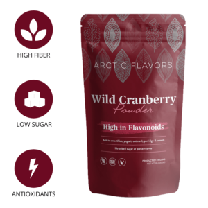 Cranberry powder by Arctic Flavors. A teaspoon of this wild cranberry powder is equal to a handful of fresh wild cranberries. This wild cranberry powder is made of 100% whole cranberries and has no added preservatives or sugars. Arctic Flavors herb and berry powders are suitable for vegan, gluten-free, non-GMO, paleo, and raw diets.