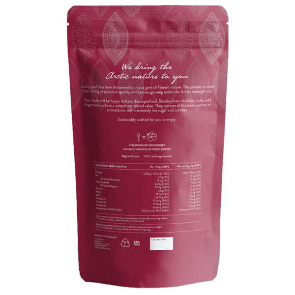 Lingonberry powder by Arctic Flavors. A teaspoon of this lingonberry powder is equal to a handful of fresh wild lingonberries. This wild lingonberry powder is made of 100% whole lingonberries and has no added preservatives or sugars. Arctic Flavors herb and berry powders are suitable for vegan, gluten-free, non-GMO, paleo, and raw diets.