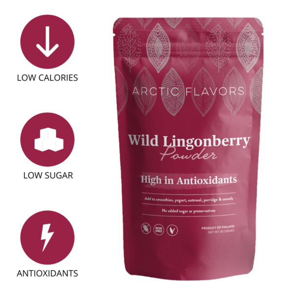Lingonberry powder by Arctic Flavors. A teaspoon of this lingonberry powder is equal to a handful of fresh wild lingonberries. This wild lingonberry powder is made of 100% whole lingonberries and has no added preservatives or sugars. Arctic Flavors herb and berry powders are suitable for vegan, gluten-free, non-GMO, paleo, and raw diets.