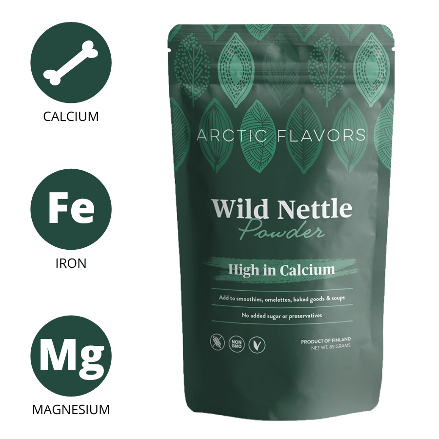 Nettle powder by Arctic Flavors. A teaspoon of this nettle powder is equal to a handful of fresh wild nettle. This wild nettle powder is made of 100% whole nettle and has no added preservatives or sugars. Arctic Flavors herb and berry powders are suitable for vegan, gluten-free, non-GMO, paleo, and raw diets.