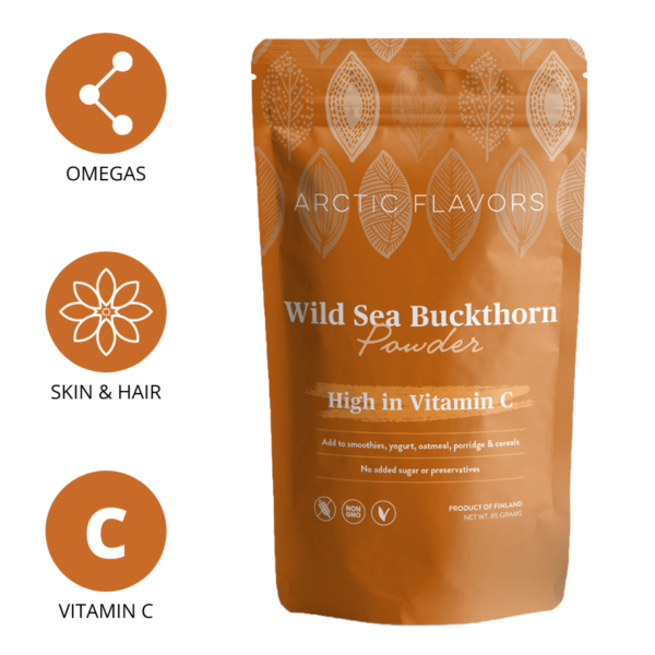 Sea buckthorn powder by Arctic Flavors. A teaspoon of this sea buckthorn powder is equal to a handful of fresh sea buckthorn berries. This sea buckthorn powder is made of 100% whole wild sea buckthorn berries and has no added preservatives or sugars. Arctic Flavors berry powders are suitable for vegan, gluten-free, non-GMO, paleo, and raw diets.