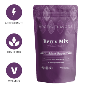 Smoothie mix powder also called berry mix powder by Arctic Flavors. A teaspoon of this smoothie mix powder is equal to a handful of fresh berries. It is made of 4 Arctic super berries: wild blueberry, wild lingonberry, wild cranberry and blackcurrant. This smoothie mix powder is made of 100% whole berries and has no added preservatives or sugars. Arctic Flavors berry powders are suitable for vegan, gluten-free, non-GMO, paleo, and raw diets.