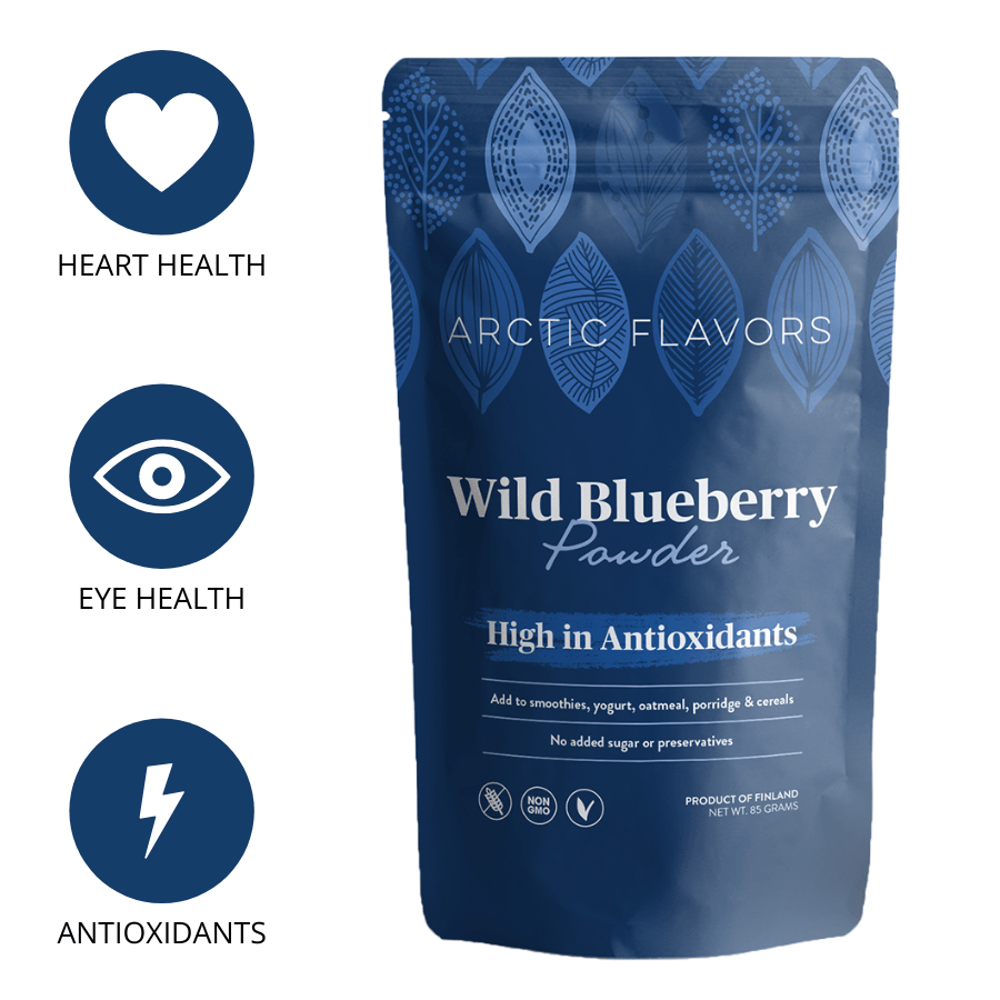 Wild blueberry powder, also called bilberry powder, by Arctic Flavors. A teaspoon of this wild blueberry powder equals a handful of fresh wild blueberries. This wild blueberry powder is made from 100% whole berries and has no added preservatives or sugars. This bilberry powder is suitable for vegan, gluten-free, non-GMO, paleo, raw, and heavy metal detox diets.