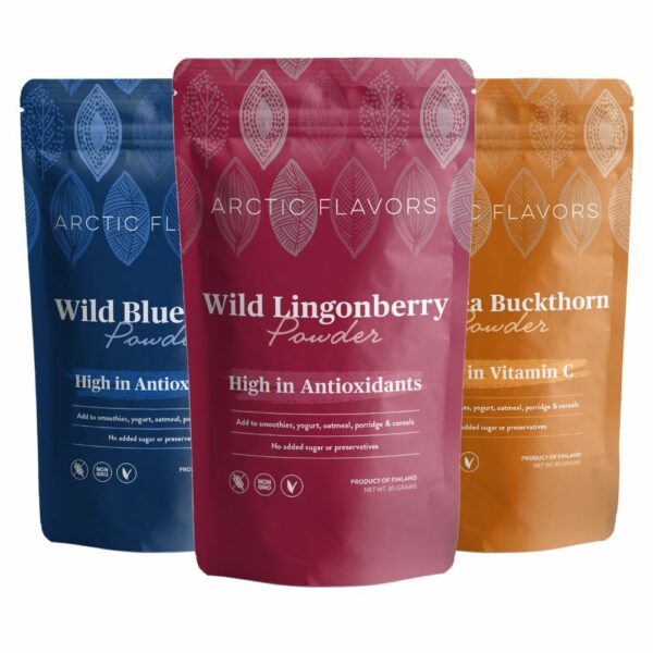 Arctic Flavors immune booster trio includes wild Arctic wild lingonberry powder, wild blueberry powder and wild sea buckthorn powder