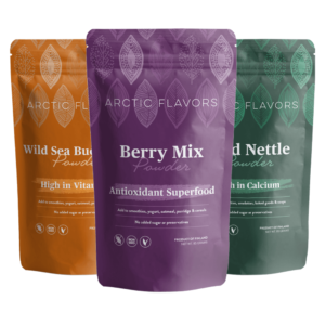 Smoothie superfood trio for smoothie lovers trio includes Arctic smoothie mix powder, wild nettle powder, wild sea buckthorn powder. Perfect for smoothie lovers as a smoothie superfood booster!
