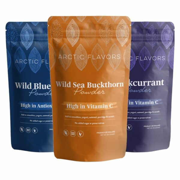 Arctic Flavors wild vitamins trio includes wild Arctic blueberry powder, sea buckthorn powder, and blackcurrant powder