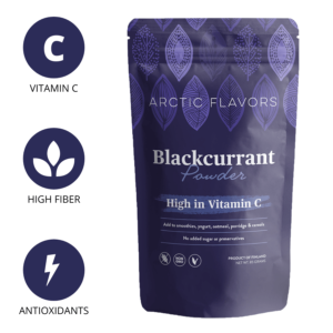 Blackcurrant powder by Arctic Flavors. A teaspoon of this blackcurrant powder is equal to a handful of fresh blackcurrants. This blackcurrant powder is made of 100% whole blackcurrant berries and has no added preservatives or sugars. Arctic Flavors berry powders are suitable for vegan, gluten-free, non-GMO, paleo, and raw diets.
