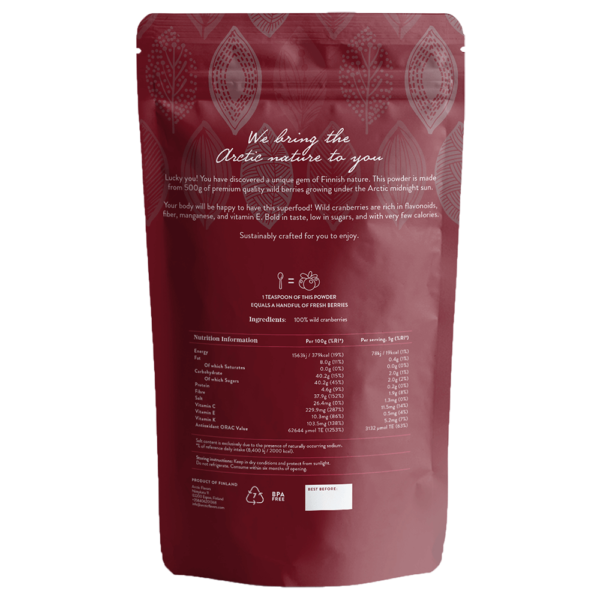 Cranberry powder by Arctic Flavors. A teaspoon of this wild cranberry powder is equal to a handful of fresh wild cranberries. This wild cranberry powder is made of 100% whole cranberries and has no added preservatives or sugars. Arctic Flavors herb and berry powders are suitable for vegan, gluten-free, non-GMO, paleo, and raw diets.