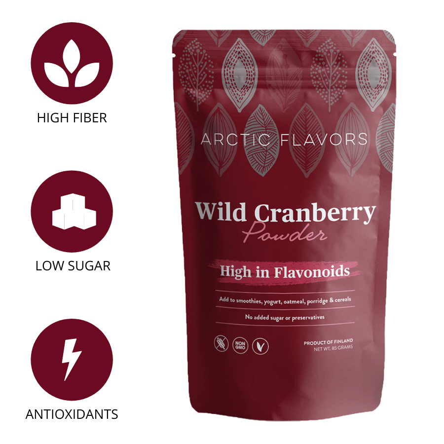 Cranberry σε σκόνη της Arctic Flavors. Ένα κουταλάκι του γλυκού από αυτό το άγριο cranberry σκόνη είναι ίσο με μια χούφτα φρέσκα άγρια cranberries. Αυτή η σκόνη άγριων βακκίνιων είναι κατασκευασμένη από ολόκληρα cranberries 100% και δεν έχει πρόσθετα συντηρητικά ή σάκχαρα. Οι σκόνες βοτάνων και μούρων Arctic Flavors είναι κατάλληλες για vegan, δίαιτες χωρίς γλουτένη, μη ΓΤΟ, paleo και ωμές δίαιτες.