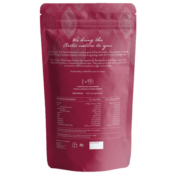 Lingonberry powder, premium quality & wild lingonberry powder. Packed with antioxidants, low in sugar & calories. 100% natural product - nothing else added.