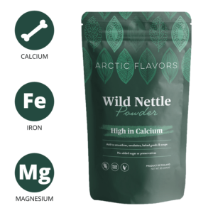 Nettle powder (also called stinging nettle powder or nettle leaf powder) by Arctic Flavors. A teaspoon of this stinging nettle powder is equal to a handful of fresh wild nettle leaves. This wild stinging nettle powder is made of 100% whole nettle and has no added preservatives or sugars. Arctic Flavors nettle leaf powder is suitable for vegan, gluten-free, non-GMO, paleo, and raw diets. This nettle leaf powder is perfect for stinging nettle tea or green smoothies.