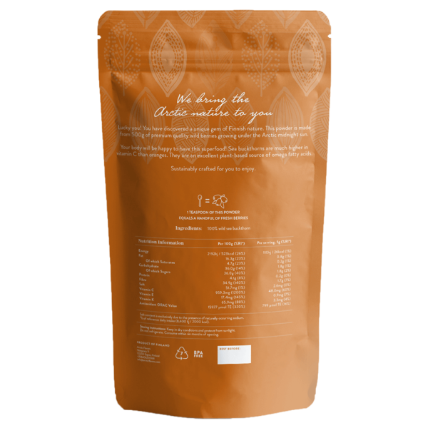 Sea buckthorn powder - premium quality wild sea buckthorn powder. Boost your meals with vitamin C & healthy omega fats. 100% natural sea buckthorn powder - nothing else added.