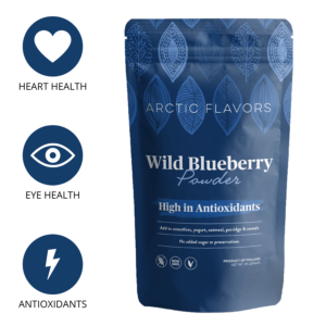 Freeze-dried wild blueberry powder (bilberry powder). High in antioxidants & vitamins. Top quality wild blueberries from Finland. Buy online.