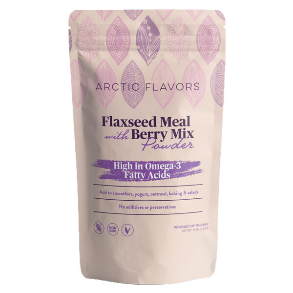 Ground flaxseed meal made of flaxseeds, containing flaxseed oil is used to make Arctic Flavors flaxseed meal with berry mix powder