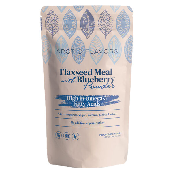 Ground flaxseed meal made of flaxseeds, containing flaxseed oil is used to make Arctic Flavors flaxseed meal with wild blueberry powder