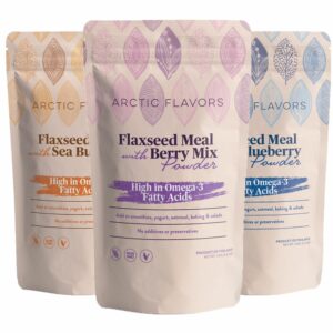 Ground flaxseed meal trio is a bundle of three Arctic Flavors flaxseed products. Made of ground flaxseeds, containing flaxseed oil is used to make Arctic Flavors flaxseed meal with berry powders from Finland.